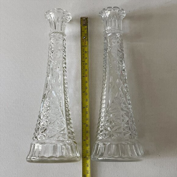 2 Vintage Anchor Hocking Clear Glass Bud Vases Stars Bars Starburst 9" - Picture 4 of 5